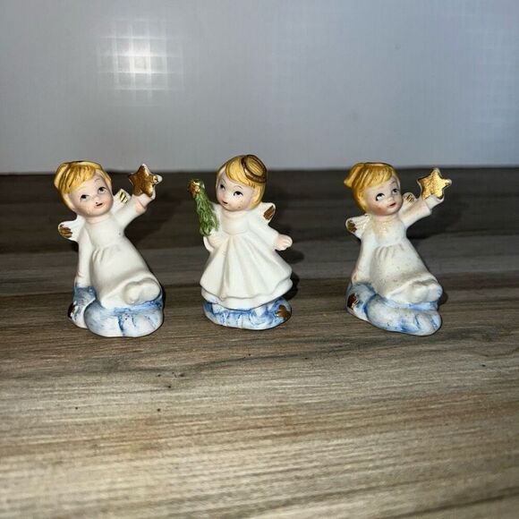 Vintage Set Of 3 Porcelain Bisque Christmas Angels Holiday Christmas Tree Star - Picture 1 of 8